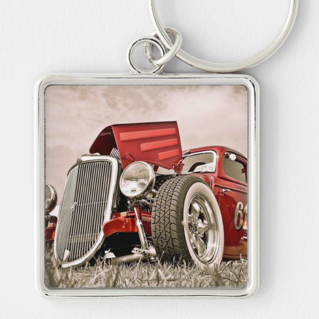 Red classic antique car car mechanics collectors keychain (Front)