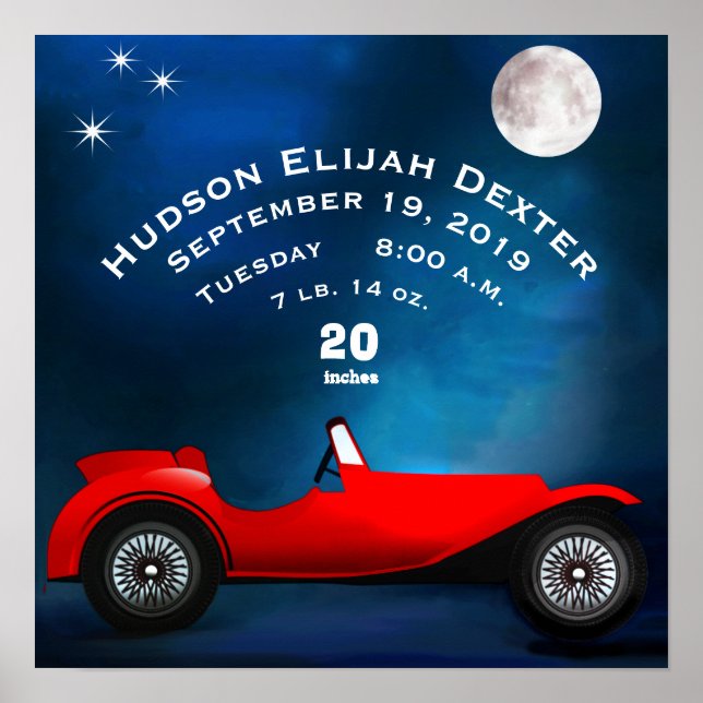 Red Classic Car Baby Boys Birth Stat Birth Record Poster (Front)