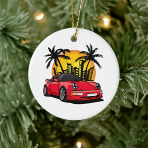 Red Classic Carrera in City Sunset Ceramic Ornament
