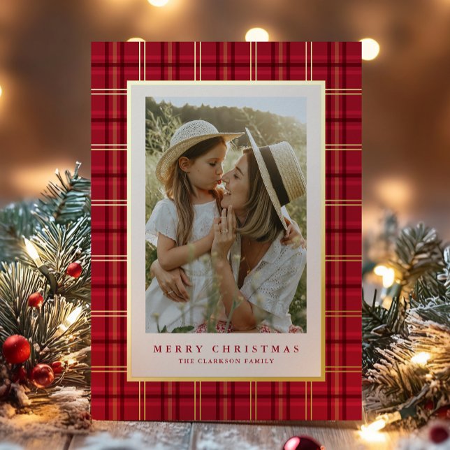 Red Classic Christmas Plaid Photo Foil Holiday Card (Creator Uploaded)