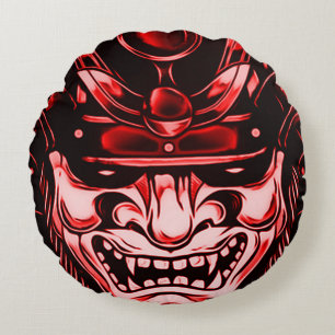 Red Classic Demon Samurai Mask Round Pillow