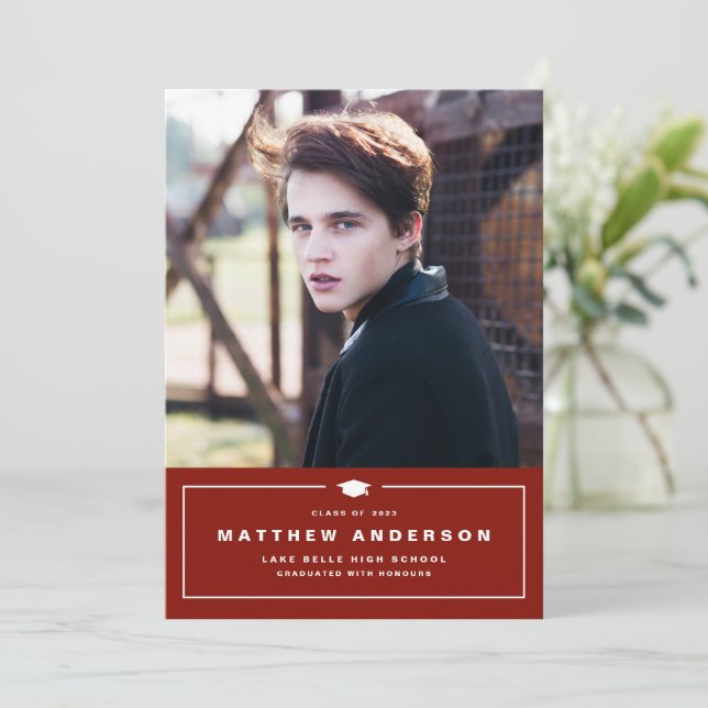 Red Classic Graduation Cap Photo Graduation Announcement (Standing Front)
