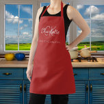 Red classic monogram name business  apron<br><div class="desc">A classic red background. Personalize and add your first name,  monogram initials and full name.  Use your back space key to delete if you want the apron without your full name.</div>