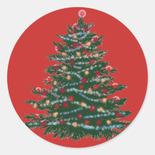 Red Classic Round Sticker, Glossy Holiday Tree Classic Round Sticker