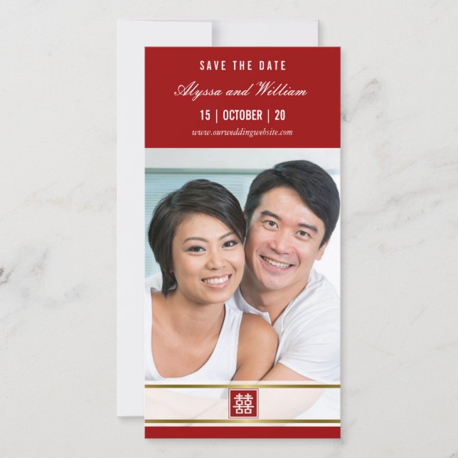 Red Classic Square Double Happiness Chinese Photo Save The Date (Front)