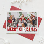 Red Classic Typography Photo Collage Christmas Holiday Card<br><div class="desc">Merry Christmas! Send your warm wishes this season with this customizable Christmas photo collage card. It features simple typography. Personalize by adding three photos,  names,  year and other details. This modern Christmas card is available in other colours and cardstock.</div>