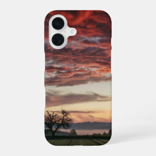 Red Clouds Sunset Tree Green fields iPhone 16 Case