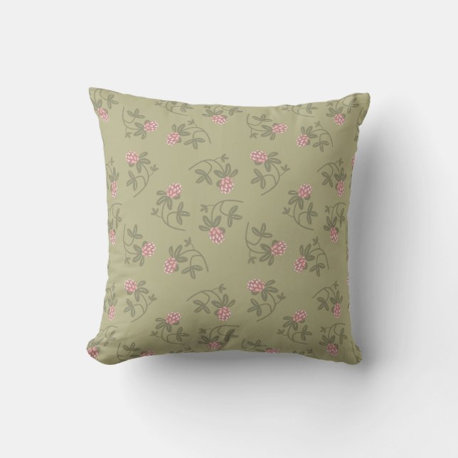 Red clover pattern earth green pink throw pillow (Front)