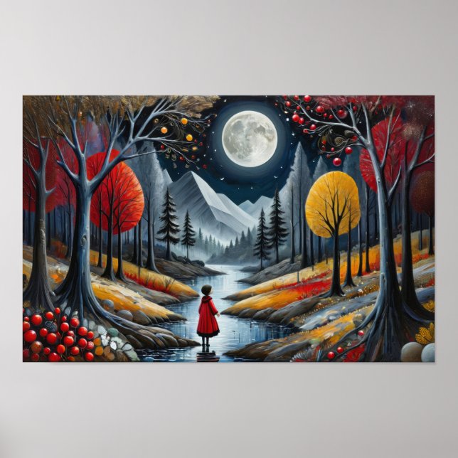 Red coat child exploring whimsical forest at night poster (Front)