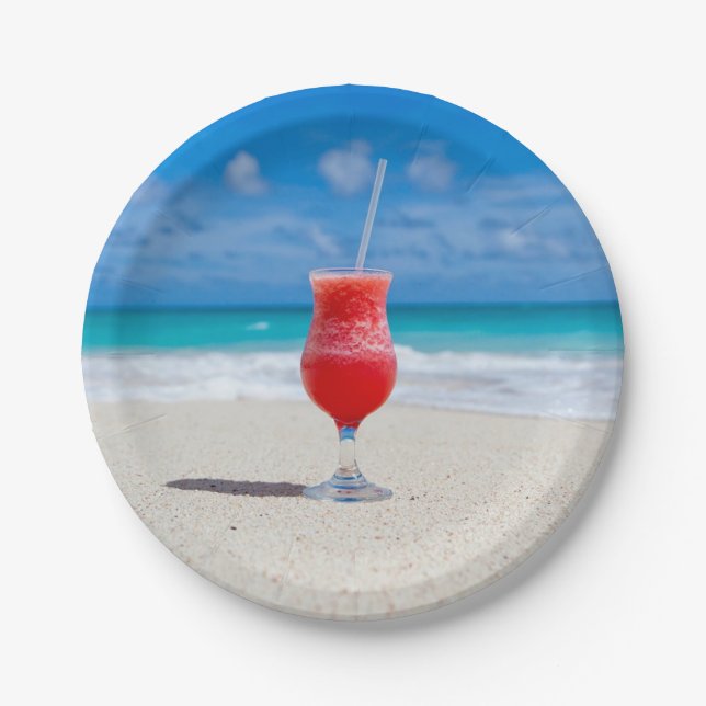 Red Cocktail by the Sea Photo Paper Plate (Front)