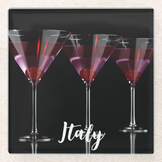 Red cocktails in martini glass with cherry glass coaster (Front)