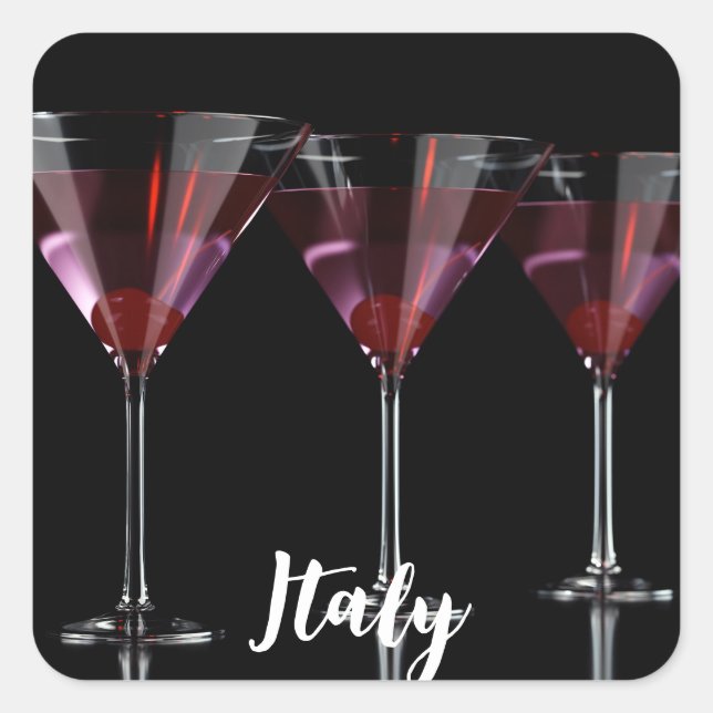 Red cocktails in martini glass with cherry square sticker (Front)