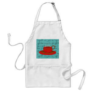 Red Coffee Cup Art on Turquoise Script Words Standard Apron