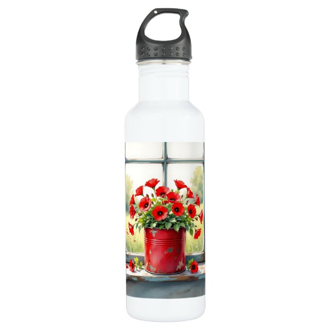Red Coffee Tin of Red Poppies 710 Ml Water Bottle (Front)