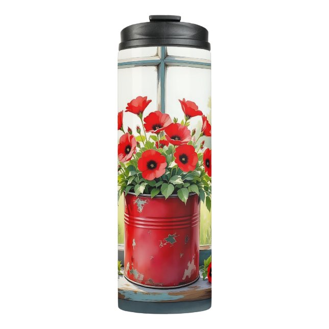 Red Coffee Tin of Red Poppies Thermal Tumbler (Front)