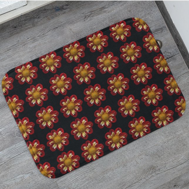 Red Collarette Dahlia Floral Pattern on Black Bath Mat (In Situ)