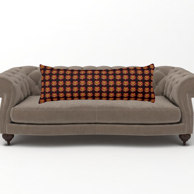 Red Collarette Dahlia Floral Pattern on Black Body Pillow (In Situ)