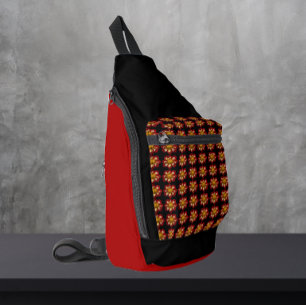 Red Collarette Dahlia Floral Pattern on Black Sling Bag