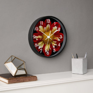 Red Collarette Dahlia on Black Floral Clock