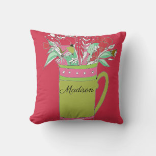 Red Colorful Flowers In A Mug Original Design Throw Pillow