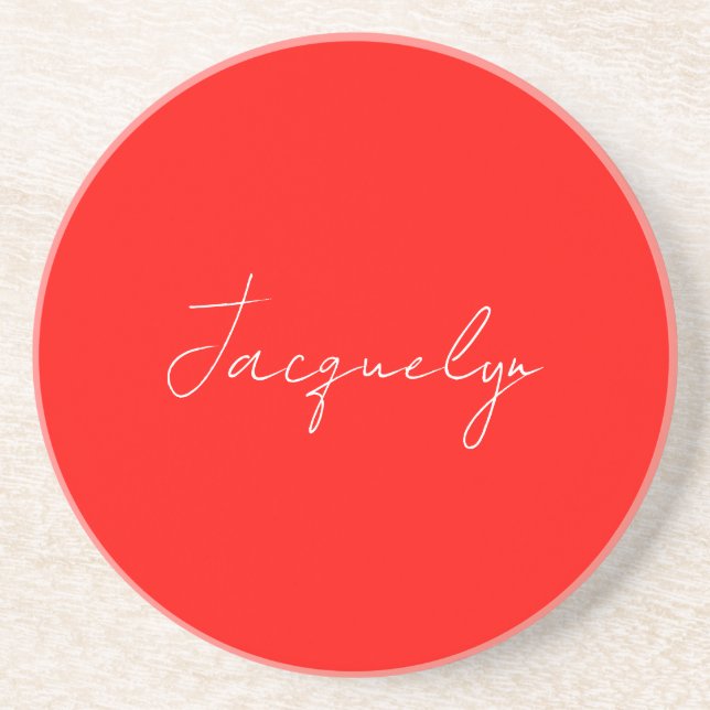 Red Colour Plain Elegant Modern Minimalist Name Coaster (Front)