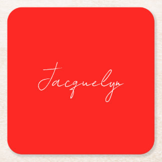 Red Colour Plain Elegant Modern Minimalist Name Square Paper Coaster