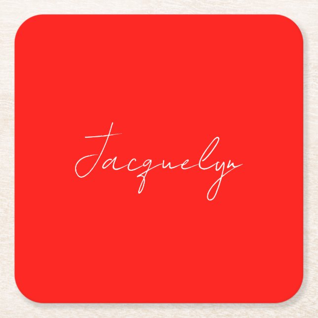 Red Colour Plain Elegant Modern Minimalist Name Square Paper Coaster (Front)