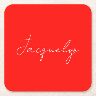 Red Colour Plain Elegant Modern Minimalist Name Square Paper Coaster