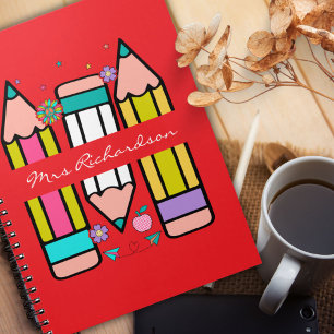 Red Colourful teacher name pencil cartoon  Notebook