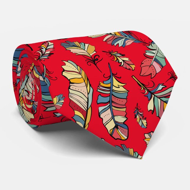 Red & Colourful Tribal feathers Pattern Tie (Rolled)