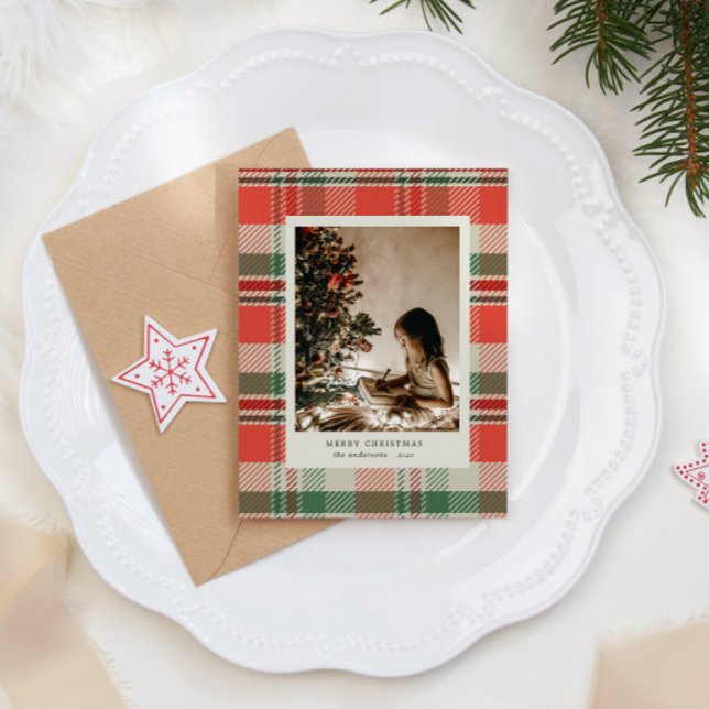 Red Colours Plaid Minimalist Photo Holiday Card (Creator Uploaded)