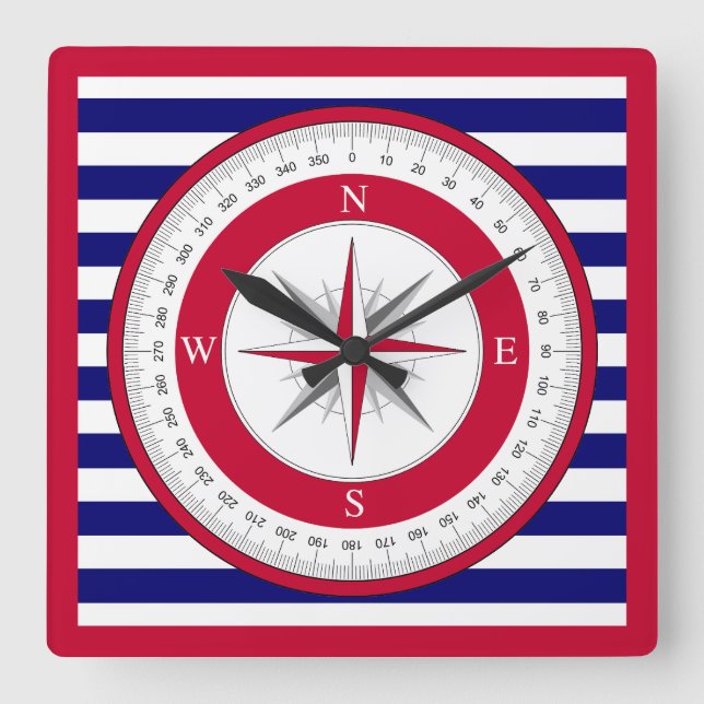 Red Compass Rose Blue and White Stripe Square Wall Clock (Front)