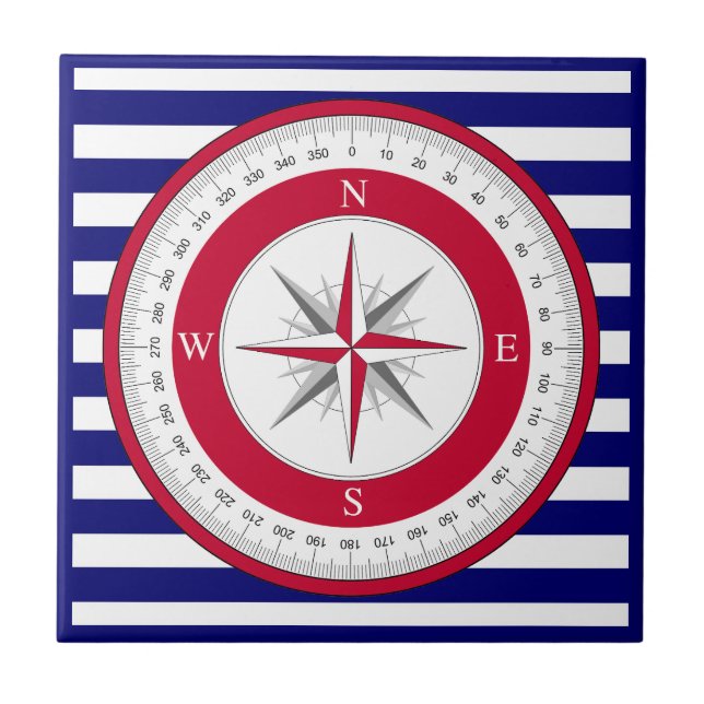 Red Compass Rose Blue and White Stripe Tile (Front)