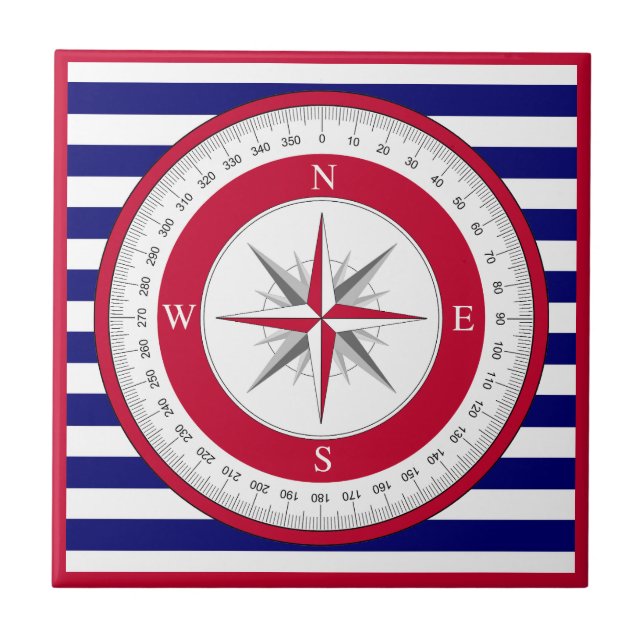 Red Compass Rose Blue and White Stripe Tile (Front)
