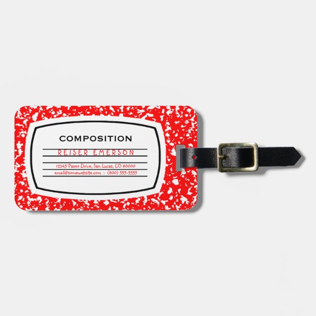 red composition book luggage tag (Front Horizontal)