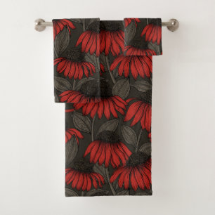 Red coneflowers on brown bath towel set