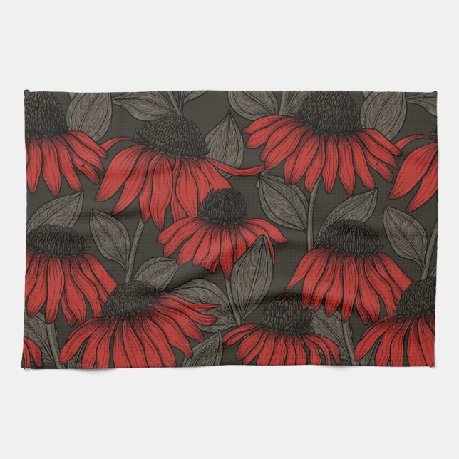 Red coneflowers on brown kitchen towel (Horizontal)