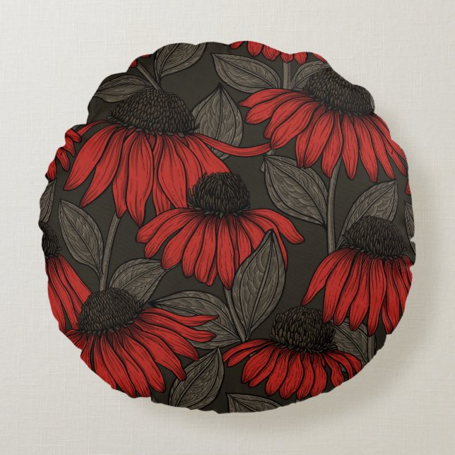 Red coneflowers on brown round pillow (Front)