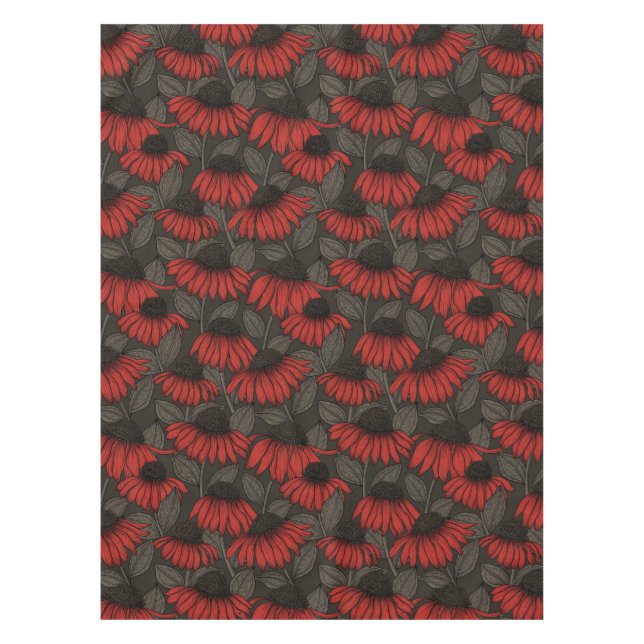 Red coneflowers on brown tablecloth (Front)