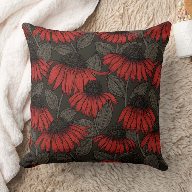 Red coneflowers on brown throw pillow (Blanket)