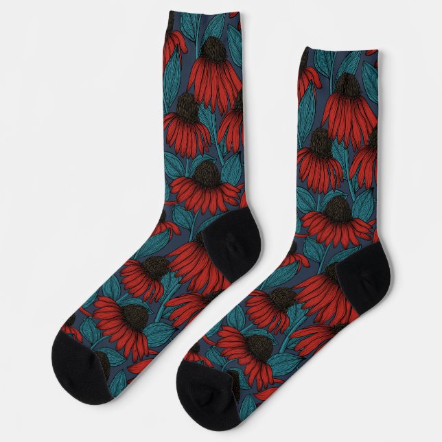 Red coneflowers on dark blue socks (Left)