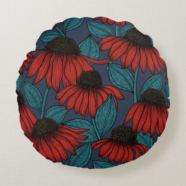 Red coneflowers round pillow (Front)