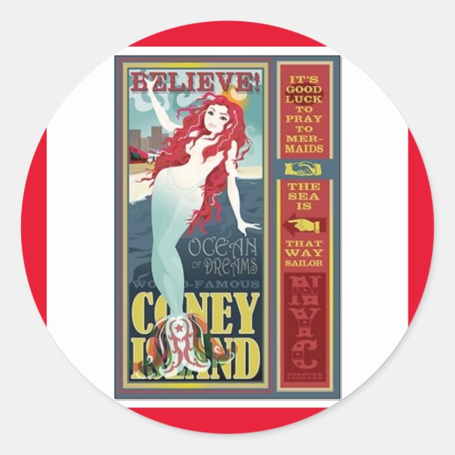 red coney island mermaid classic round sticker (Front)