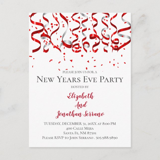 Red Confetti And Streamers New Years Eve Party Invitation Postcard (Front)