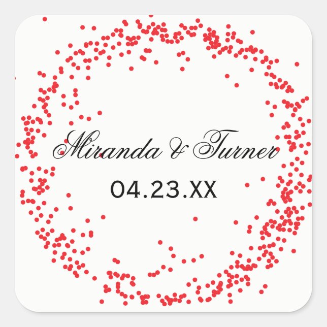 Red Confetti Names & Date - Square Sticker (Front)