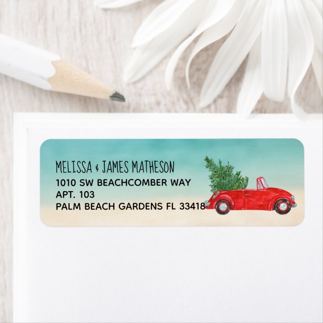 Red Convertible Car + Christmas Tree Beach Scene (Insitu)