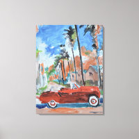 Red Convertible Under Palm Trees