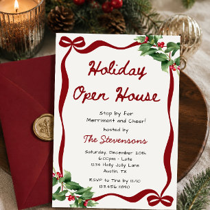 Red Coquette Bow Christmas Holiday Open House Invitation