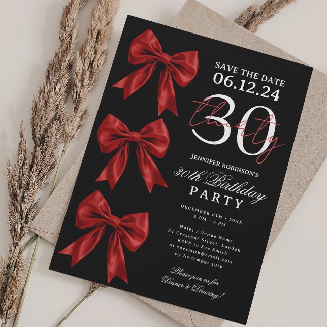 Red Coquette Bow Save Date 30th Birthday Black Invitation (Creator Uploaded)