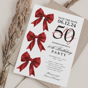 Red Coquette Bow Save Date 50th Birthday Party Invitation